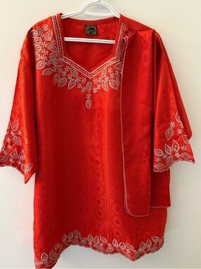 Red African Dashiki Kaftan Tunic Embroidered One Size Boho Festival